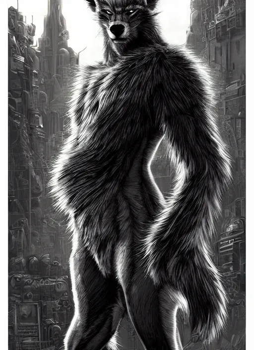 Prompt: aesthetic portrait commission of a of a male fully furry anthro ( animal ) with a tail and a beautiful attractive hyperdetailed face wearing wearing a outfit in a sci - fi dystopian city at golden hour while it storms in the background. character design by dayer, diego 5, detailed, inked, western comic book art, award winning film poster painting