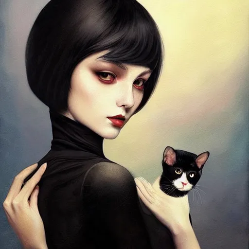 Prompt: a painting of a woman holding a cat, a photorealistic painting by tran nguyen and ilya kuvshinov, featured on deviantart, gothic art, goth, gothic, detailed painting