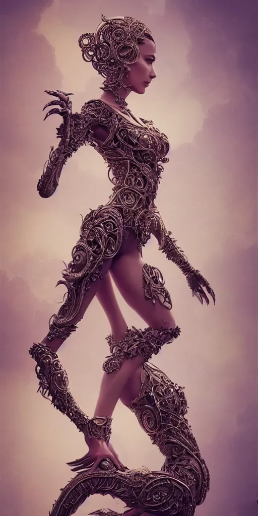 Image similar to a photo of a female in wearable sculpture art, ornate, metal works, intricate details, elegant, highly detailed, digital photography, artstation, glamor pose, concept art, smooth, sharp focus, art by artgerm and greg rutkowski, 3 d character, whole body, full body, film, photorealistic, unreal engine