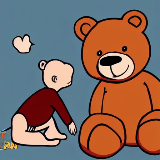 Image similar to bear playing with a baby human doll. cartoon. digital art. high quality. high fidelity