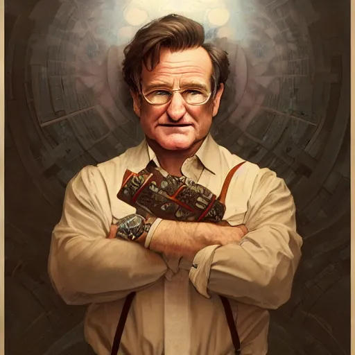 Prompt: robin williams as the assistant to the regional manager, intricate, elegant, highly detailed, digital painting, artstation, concept art, matte, sharp focus, illustration, art by john collier and albert aublet and krenz cushart and artem demura and alphonse mucha