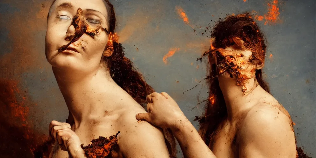 Image similar to highly detailed photography of a woman made of rust clay and fire, hand gesture, sharp focus, dust particles, dirt, dramatic scene, aesthetic, dynamic lighting, elegant, harmony, masterpiece, by roberto ferri, blue background, high quality, spatula