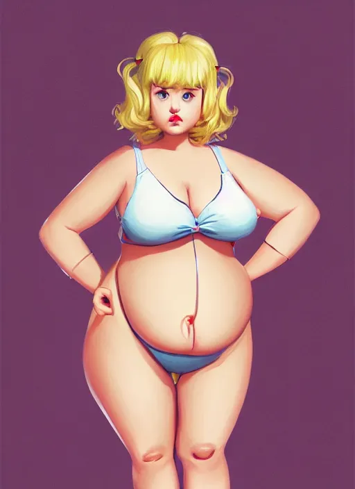 Image similar to full body teenage betty cooper, blonde hair, obese, bangs, ponytail, sultry, realistic, sultry smirk, ponytail, fluffy bangs, curly bangs, fat, belly, beautiful girl, intricate, elegant, highly detailed, digital painting, artstation, concept art, smooth, sharp focus, illustration, art by wlop, mars ravelo and greg rutkowski