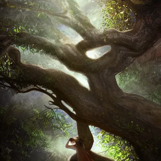 Prompt: a child climbing beautiful giant tree growing in the middle of an ancient Victorian library. dramatic light, 4K, fantasy art, ultra-realistic