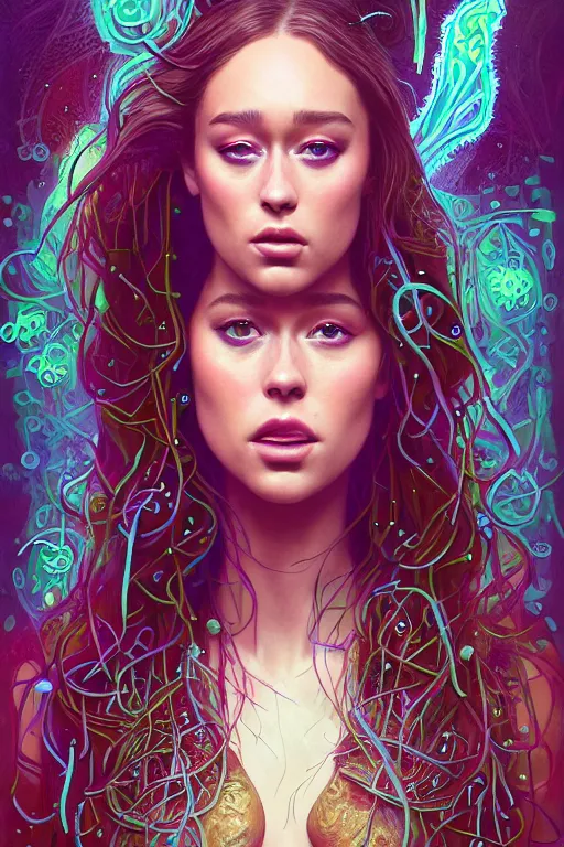 Prompt: Alycia Debnam-Carey hybrid with axolotl, full body portrait, seductive, sexy, lily pads, intricate, intricate complexity, human structure, hypermaximalist, fantasy character concept, dynamic lighting, neon light, watermark, blurry, hyperrealism 8k, digital painting, old english, whimsical background by marc simonetti, artwork by liam wong