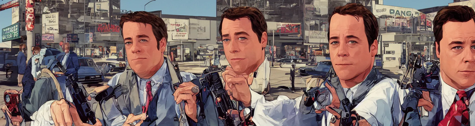 Prompt: GTA V illustration of 1980s Matthew Broderick on the cover of GTA V, outside of a 1980’s shopping mall