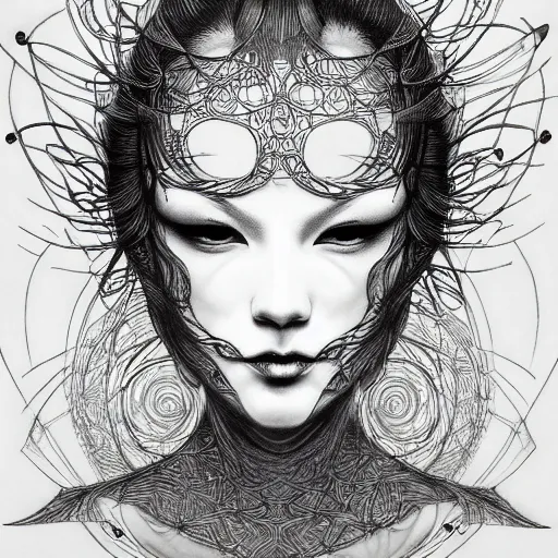 Image similar to holographic interface painted in alex grey and cameron gray style drawn by takato yamamoto, inspired by ooioo, intricate 3 d sculpture, black and white, 3 d, high detail, sharp high detail, artstation, octane