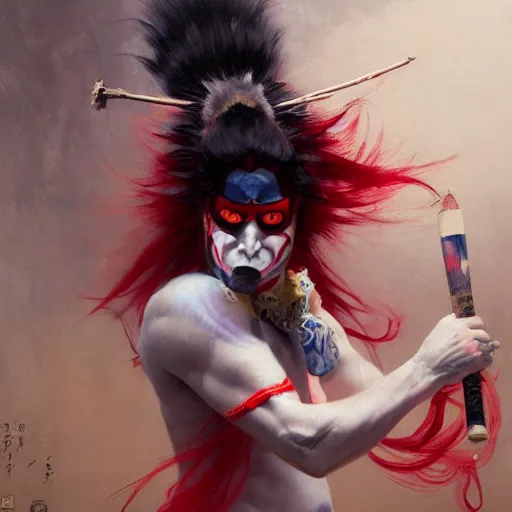 Image similar to an insane kabuki warrior wielding a spear while emitting a visible aura of madness, intricate hakama, red wig, crossed eyes, hazy atmosphere, high energy, in the style of jeremy lipking and peter mohrbacher,