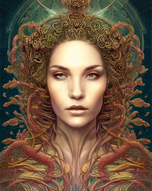 Image similar to centered beautiful detailed front view portrait of a woman with ornate growing around, ornamentation, flowers, elegant, beautifully soft lit, golden ratio, full frame, by wayne barlowe, peter mohrbacher, kelly mckernan,