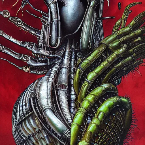 Image similar to ronald mcdonald versus queen alien by h. r. giger highly detailed, cinematic, panoramic