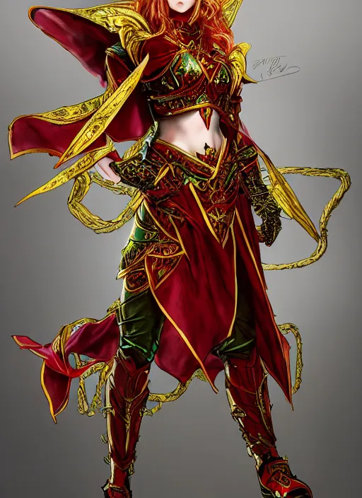 Image similar to Full body portrait of a handsome young red haired elven princess warrior wearing red, green and gold ornate leather armour and golden tiara. In style of Yoji Shinkawa and Hyung-tae Kim, trending on ArtStation, dark fantasy, great composition, concept art, highly detailed.