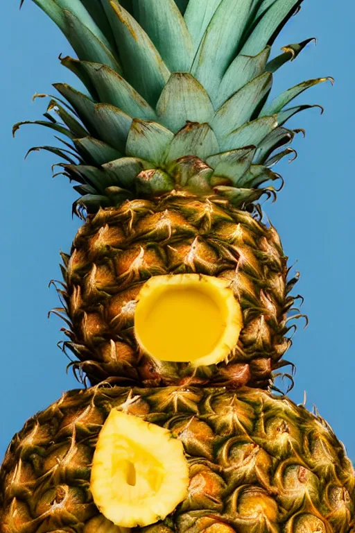 Image similar to doja cat as a dole pineapple, human face in the shape of a pineapple, professional food photography, dole pineapple