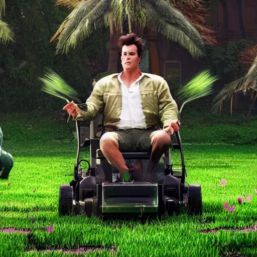 Image similar to hyperrealistic film still of ace ventura as the lawnmower man, stunning 3 d render, inspired by istvan sandorfi & greg rutkowski & unreal engine, perfect symmetry, dim volumetric cinematic lighting, 8 k octane comprehensive render, extremely hyper - detailed, incredibly lifelike attributes, intricate, real flesh texture, masterpiece, artstation, stunning,