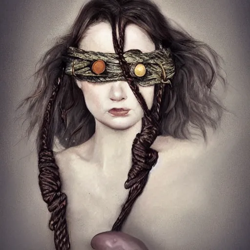 Image similar to portrait of a Shibari rope wrapped face and neck, headshot, insanely nice professional hair style, dramatic hair color, digital painting, of a old 18th century, tourist, wrap around eye patch, amber jewels, baroque, ornate clothing, scifi, realistic, hyper detailed, child, chiaroscuro, concept art, art by Franz Hals and Jon Foster and Ayami Kojima and Amano and Karol Bak,