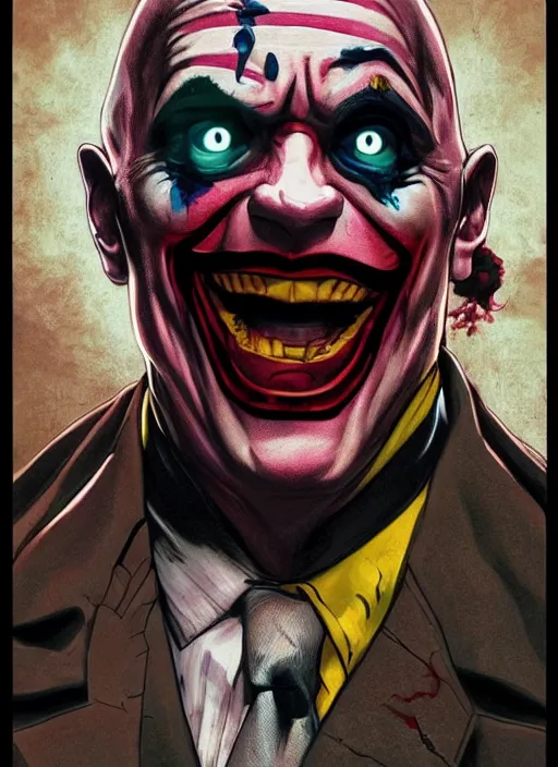 Image similar to dwayne johnson as joker, movie shot, crazy make up clown, impressive, trippy, by katsuya terada and albert bierstadt and dan mumford, hd, artstation