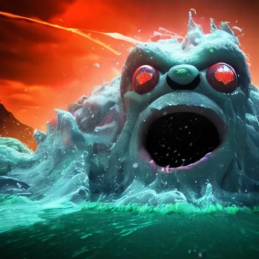 Prompt: the pain is splattered on the sad monster's green face while huge waves crash against him, water sprays into the air, moody night sky, lit from underwater, hints of red and yellow, fantasy, unreal engine