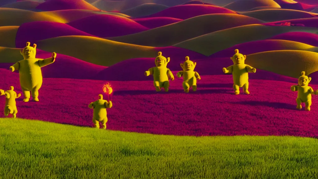 Image similar to Teletubbies performing cult sacrifice on sunny green hills, film still from the movie directed by Denis Villeneuve with art direction by Zdzisław Beksiński, wide lens