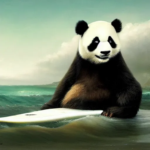 Image similar to a panda on a surf board, high detail, dramatic light, digital art, painted by seb mckinnon, painted by greg rutkowski, trending on artstation