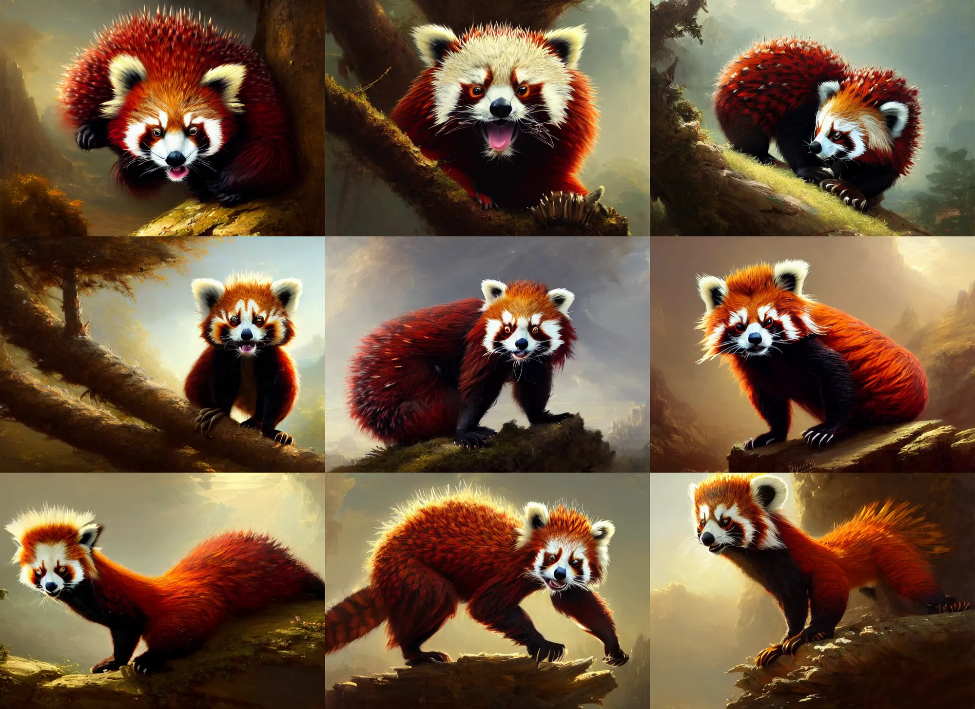 Prompt: highly detailed painting of an anthropomorphic anthropomorphic red panda porcupine creature by william turner, by greg rutkowski, by william constable, photorealism, 4 k resolution
