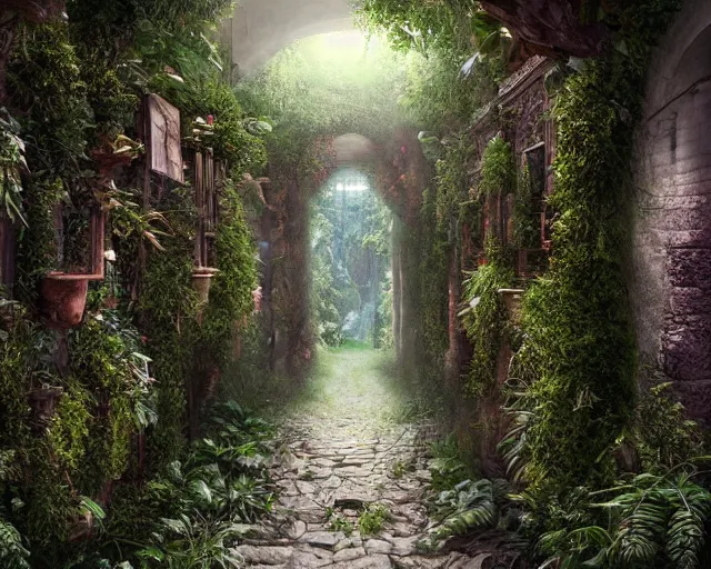 Image similar to Overgrown hallway, immaculate scale, matte painting, digital art, trending on Artstation, hyper-realistic, detailed, ultra detailed