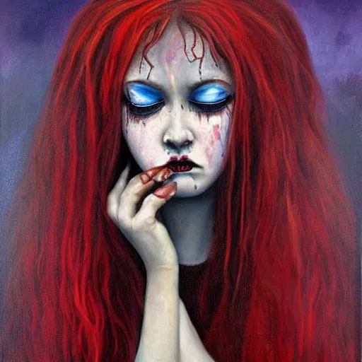 Image similar to a hyperrealistic painting of a beautiful gothic princess crying tears of blood, by Mark Lovett, vivid color, highly detailed,