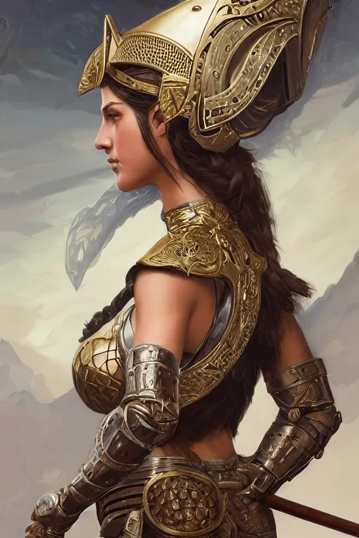 Image similar to attractive young female wielding an ancient sword, ornate metallic helmet, battle armor, olive skin, long dark hair, beautiful bone structure, intricate, elegant, highly detailed, digital painting, artstation, concept art, smooth, sharp focus, illustration, art by artgerm and greg rutkowski and alphonse mucha