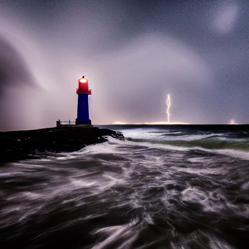 Image similar to a photo of a lighthouse in a storm at night. lonely, churning waves, splashing on lighthouse. warm lighting, long exposure