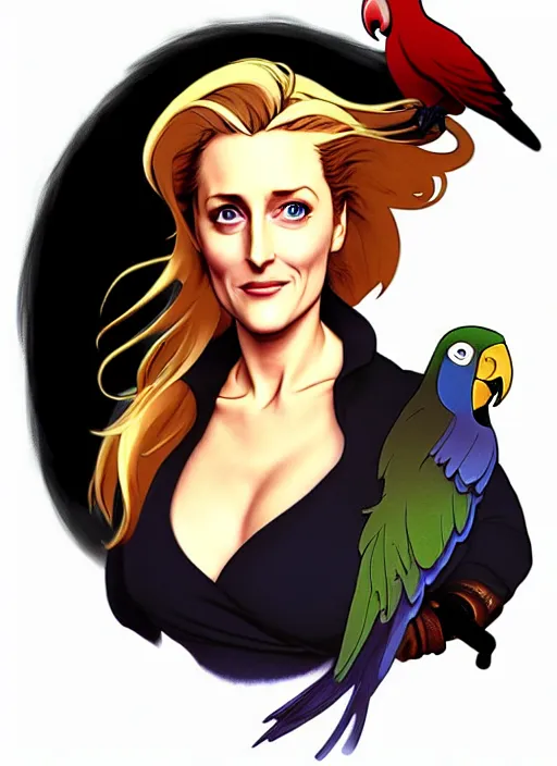 Prompt: cute gillian anderson as a pirate wearing black. parrot on his shoulder, natural lighting, path traced, highly detailed, high quality, digital painting, by don bluth and ross tran and studio ghibli and alphonse mucha, artgerm