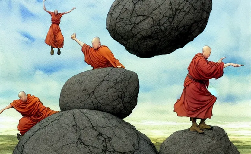 Prompt: a hyperrealist watercolour concept art of a group of grey monks levitating a huge rock in the air over their head. a large flat rock is in the sky. by rebecca guay, michael kaluta, charles vess and jean moebius giraud. high detail, hq, wide shot