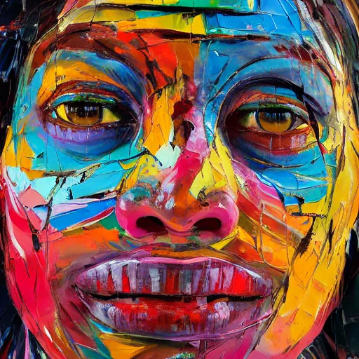 Prompt: photo of a yanomami indigenous, face, palette knife painting, acrylic paint, dried acrylic paint, dynamic palette knife oil paintings, vibrant palette knife portraits radiate raw emotions, full of expressions, palette knife paintings by francoise nielly