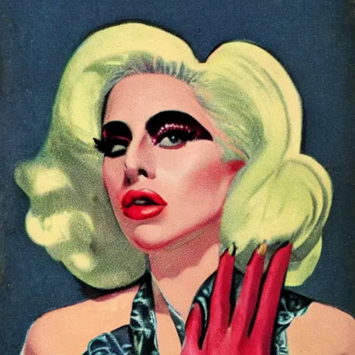 Prompt: Lady Gaga portrait, color vintage magazine illustration 1950