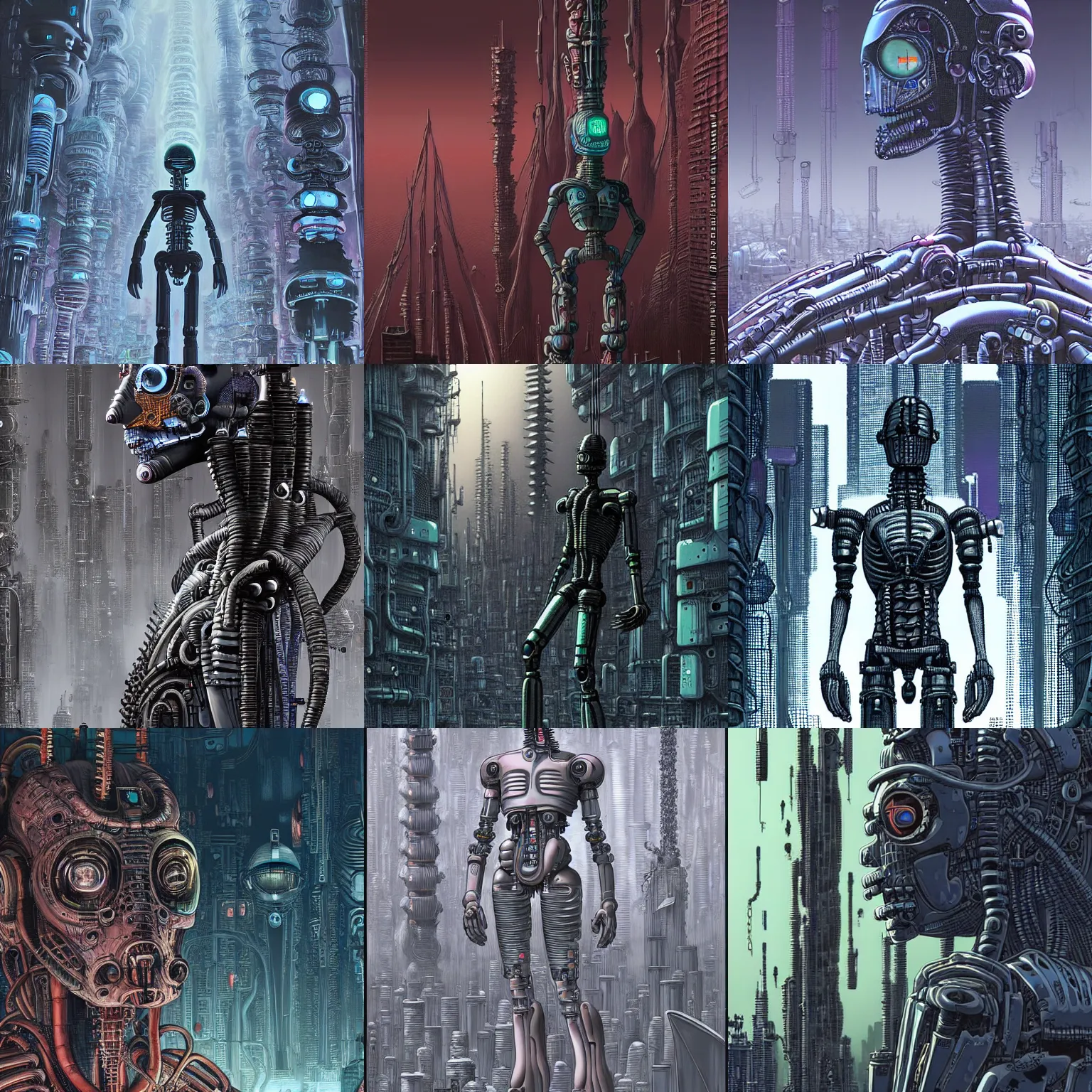 Prompt: bender from futurama, by tsutomu nihei, video game art, zdzisław beksinski and giger, in full growth, cybernetic city background