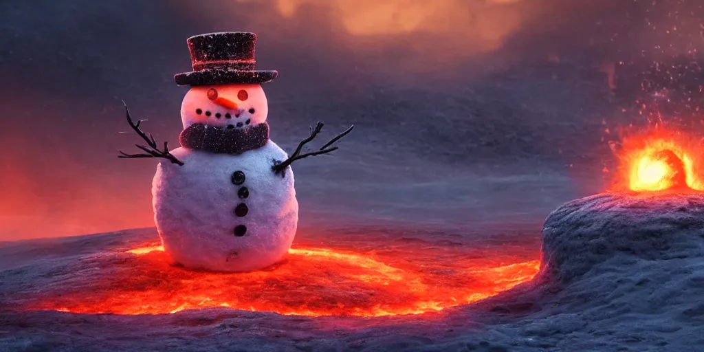 Image similar to a snowman melting on top of the sun and turning into water. the ground is made of fire and lava and is glowing orange. cinematic, dramatic, epic, volumetric lighting, atmospheric, red, orange extremely coherent, 8 k, space, warm, blade runner 2 0 4 9