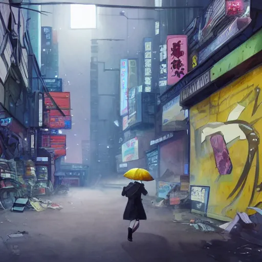 Image similar to incredible wide screenshot, ultrawide, simple watercolor, rough paper texture, ghost in the shell movie scene, backlit distant shot of girl in a parka running from a giant robot invasion side view, yellow parasol in deserted dusty shinjuku junk town, broken vending machines, bold graphic graffiti, old pawn shop, bright sun bleached ground, mud, fog, dust, windy, scary robot monster lurks in the background, ghost mask, teeth, animatronic, black smoke, pale beige sky, junk tv, texture, brown mud, dust, tangled overhead wires, telephone pole, dusty, dry, pencil marks, genius party,shinjuku, koji morimoto, katsuya terada, masamune shirow, tatsuyuki tanaka hd, 4k, remaster, dynamic camera angle, deep 3 point perspective, fish eye, dynamic scene