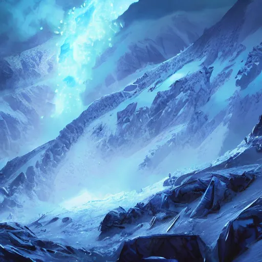 Prompt: blue glacier volcano eruption, blue glacier volcano eruption, blue liquid and snow, blue glacier volcano eruption, snow dust everywhere, snow battlefield, ice cold blue theme, bright masterpiece artstation. 8 k, sharp high quality artwork in style of jose daniel cabrera pena and greg rutkowski, concept art by tooth wu, blizzard warcraft artwork, hearthstone card game artwork