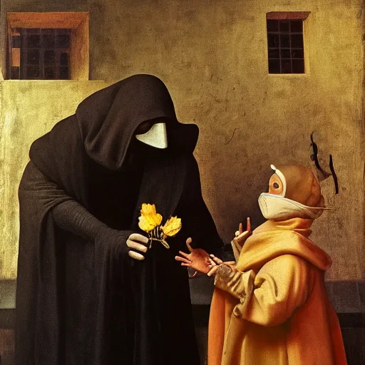 Image similar to a plague doctor giving a flower to a sick child, renaissance painting, golden ratio, morning light, 8k