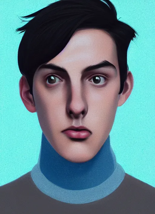 Image similar to portrait of teenage jughead jones wearing a light grey crown, crown, blue turtleneck, 1 9 5 0 s, closed eyes, photorealistic, black hair, glowing lighting, intricate, elegant, glowing lights, highly detailed, digital painting, artstation, concept art, smooth, sharp focus, illustration, art by wlop, mars ravelo and greg rutkowski