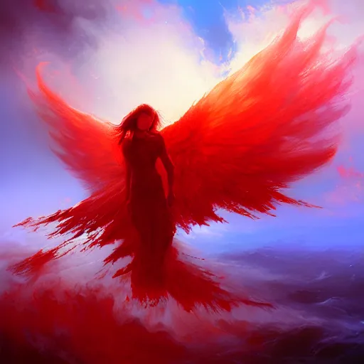 Image similar to a fallen angel in red fluid simulation, painting by ross tran and ivan aivazovsky