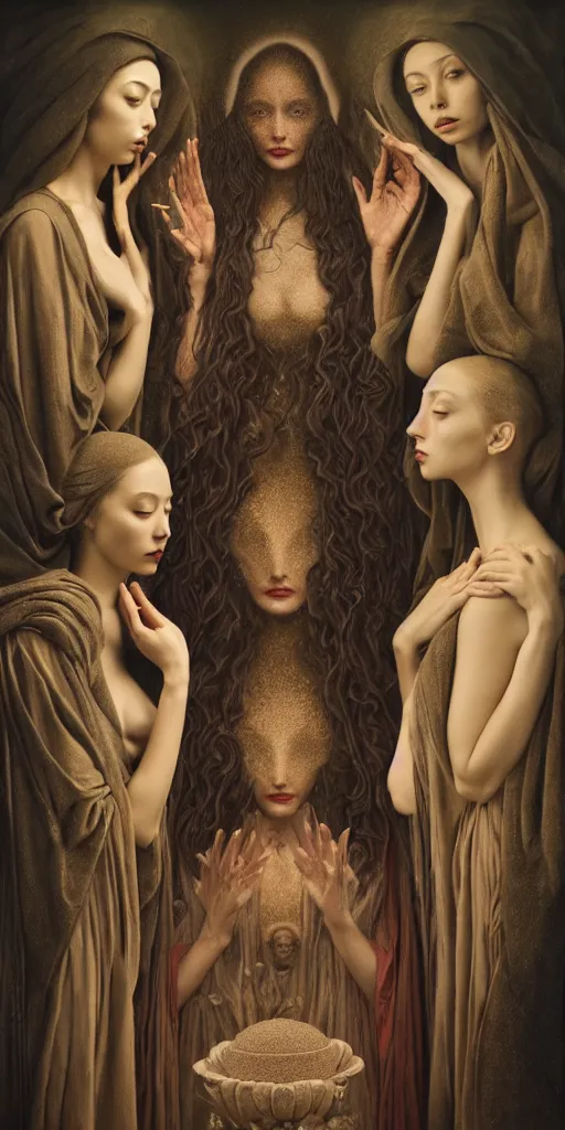 Image similar to the three fates, gemma chen, madison beer, angela sarafyan, pinup, intricate beautiful faces, surrealistic painting by agostino arrivabene, vanessa beecroft, anka zhuravleva, mary jane ansell, peter mohbacher, gerald brom