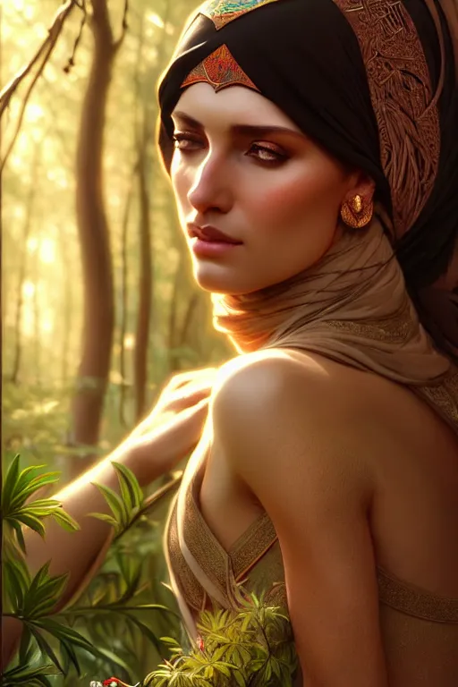 Image similar to beautiful digital painting of a stylish arabian female forest with high detail, 8 k, stunning detail, works by artgerm, greg rutkowski and alphonse mucha, unreal engine 5, 4 k uhd