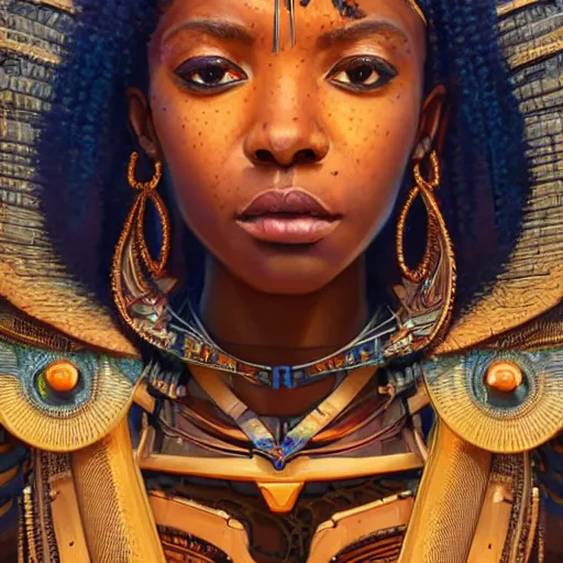 Image similar to highly detailed portrait of an african egyptian goddess, intricate alien technology, stephen bliss, unreal engine, fantasy art by greg rutkowski, loish, rhads, ferdinand knab, makoto shinkai and lois van baarle, ilya kuvshinov, rossdraws, tom bagshaw, global illumination, radiant light, detailed and intricate environment