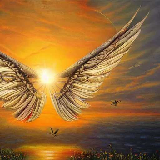 Prompt: Thich Naht Hanh with wings, flapping its wings flying in sunset sky, oil on canvas, portrait, intricate, 8k highly professionally detailed, HDR, CGsociety