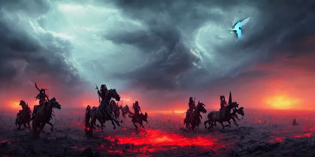 Image similar to ”four horsemen of the apocalypse riding skeleton horses towards the camera [epic, cinematic, scary, intimidating, horror, war, battle, hell, storm clouds, lightning, octane render, 8k, mattepainting, art by wlop and paul lehr and greg rutkowski]”