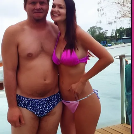 Image similar to photo of a 4 0 year old man that looks young for his age dating a very attractive 2 2 year old woman wearing a bikini. they are in a college dorm.