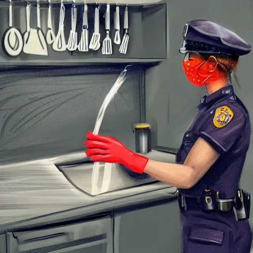 Image similar to A police officer wearing rubber gloves to wash dishes in kitchen, highly detailed, ambient lighting, trending on art station