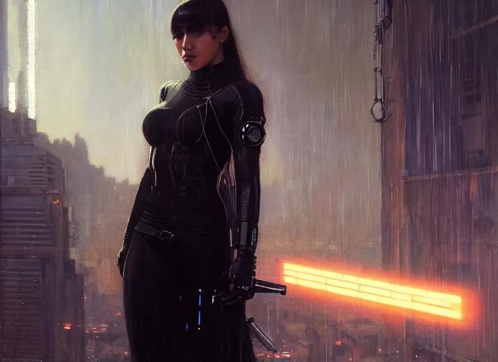 Image similar to Maria. Cyberpunk female hacker wearing stealth suit hiding from police patrol (blade runner 2049, cyberpunk 2077). Orientalist portrait by john william waterhouse and James Gurney and Theodore Ralli and Nasreddine Dinet, oil on canvas. Cinematic, hyper realism, realistic proportions, dramatic lighting, high detail 4k