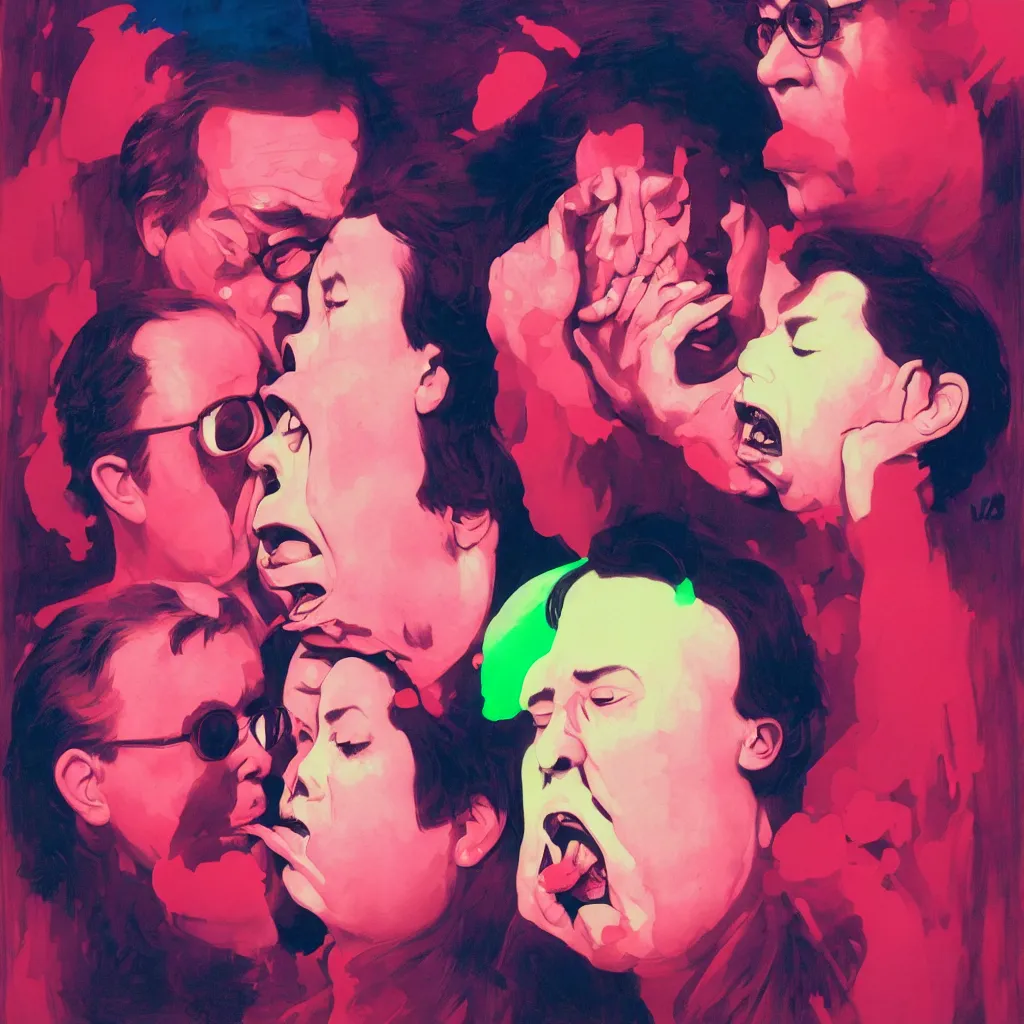 Prompt: weird and disturbing portrait of bill hicks kissing todd solondz, tongue, vivid colors, neon, art by ( ( ( kuvshinov ilya ) ) ) and wayne barlowe and francis bacon and artgerm and wlop and william - adolphe bouguereau