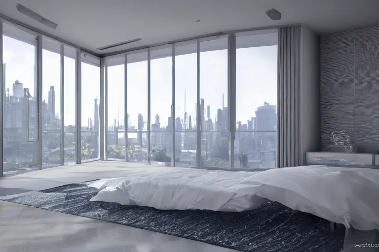 Image similar to futuristic highly detailed modern bedroom with a nice window view, complex design, realistic, octane render, unreal engine 5, raytracing, volumetric light, trending on artstation