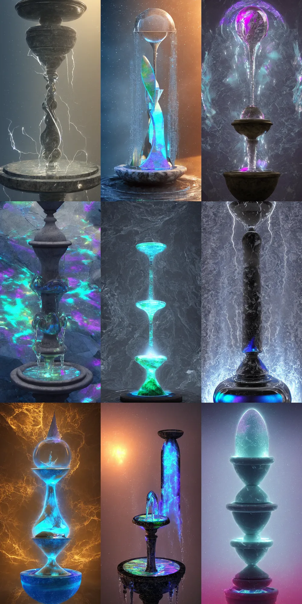 Prompt: iridescent water fountain inside a marble, hourglass, lightning, intricate detail, volumetric lighting, epic composition, hyper detailed, ultra realistic, sharp focus, octane render, candle, volumetric, ray tracing, artstation trending, cgsociety, sense of awe, swirling mist, 4 k