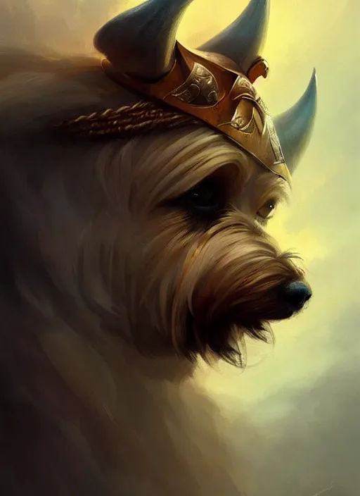 Image similar to norwich terrier as an viking, backround dark, highly detailed, digital illustration, trending in artstation, modern painting, smooth, sharp focus, intricate, by peter mohrbacher